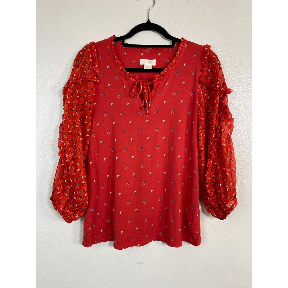 Maeve Anthropologie Womens Red Dot Blouse Sheer Sleeves Size Small Boho Peasant